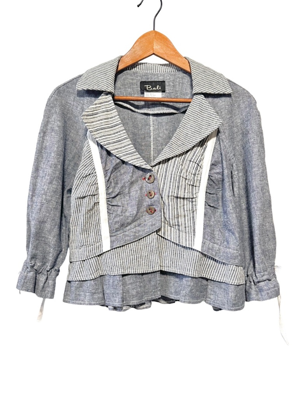 BALI Linen Blend Cropped Blouse Artsy Lagenlook Boho Striped Top | Blue/Grey